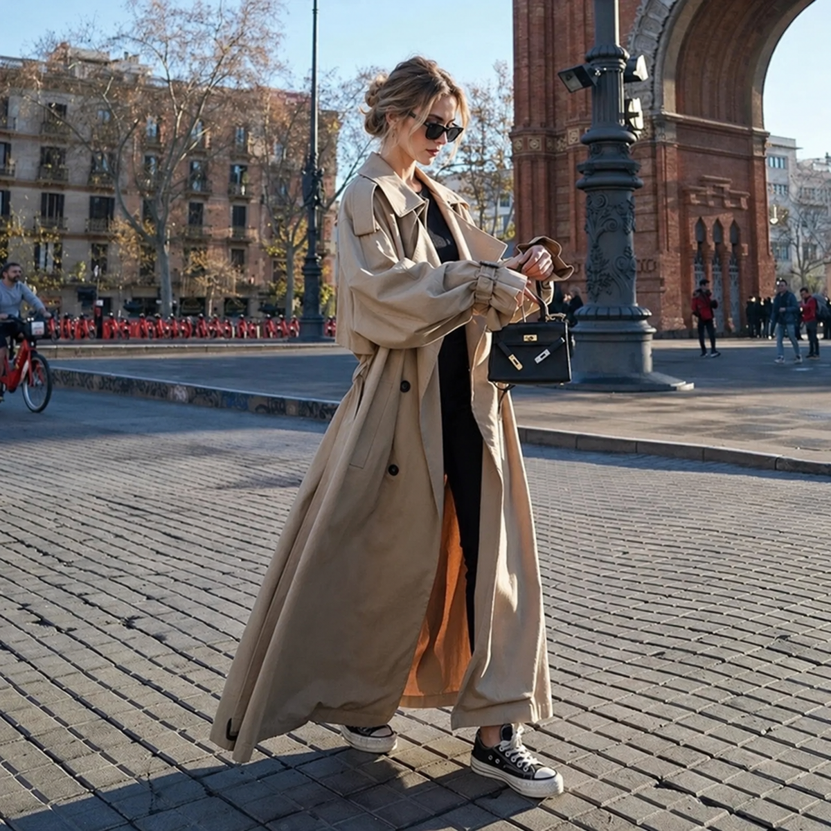 Trench coat maxi femme double boutonnage avec ceinture col rabattu coupe oversize