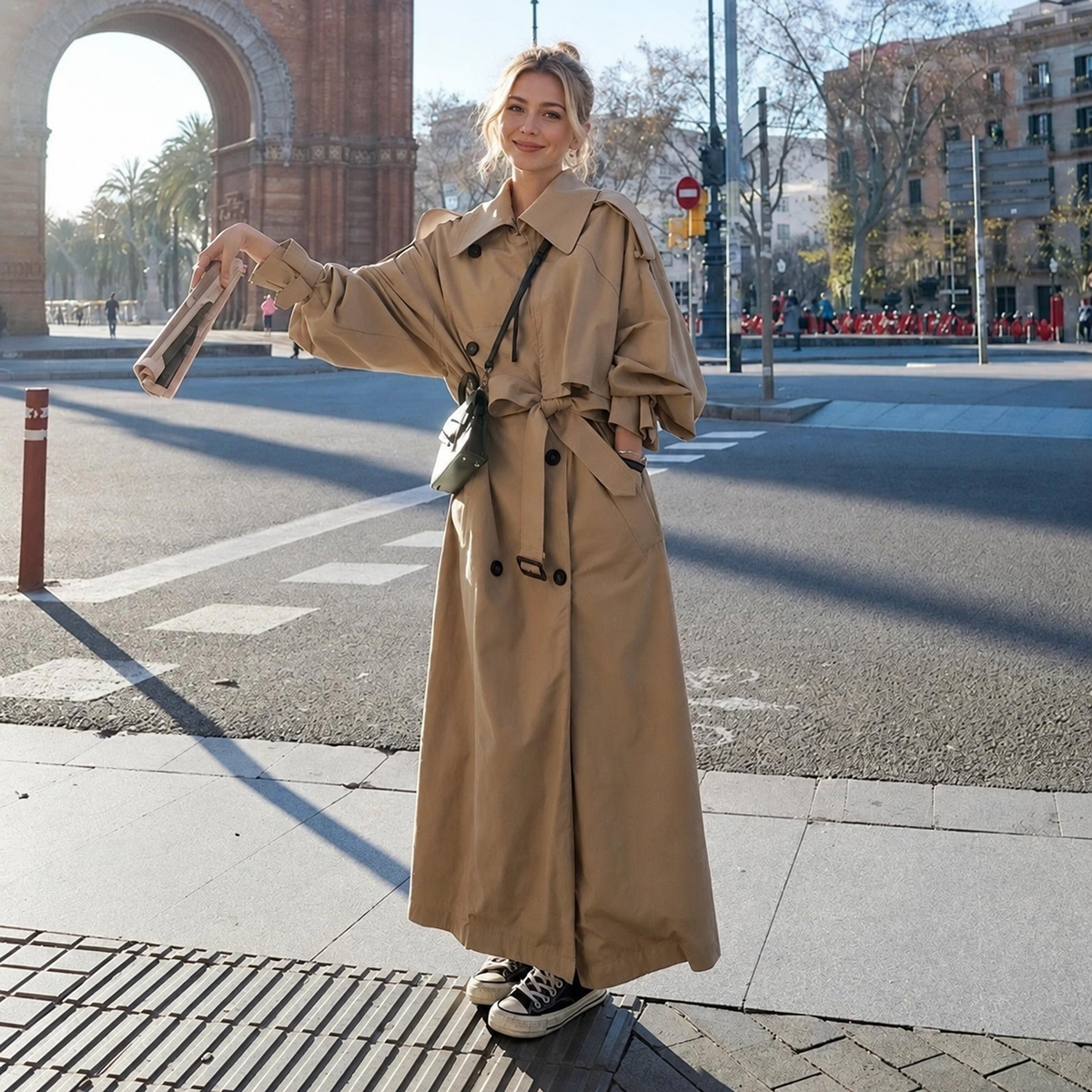 Trench coat maxi femme double boutonnage avec ceinture col rabattu coupe oversize