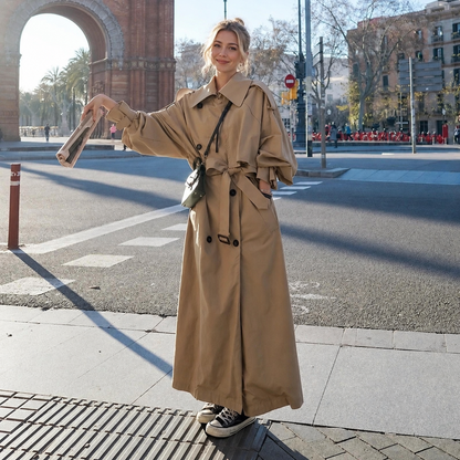 Trench coat maxi femme double boutonnage avec ceinture col rabattu coupe oversize