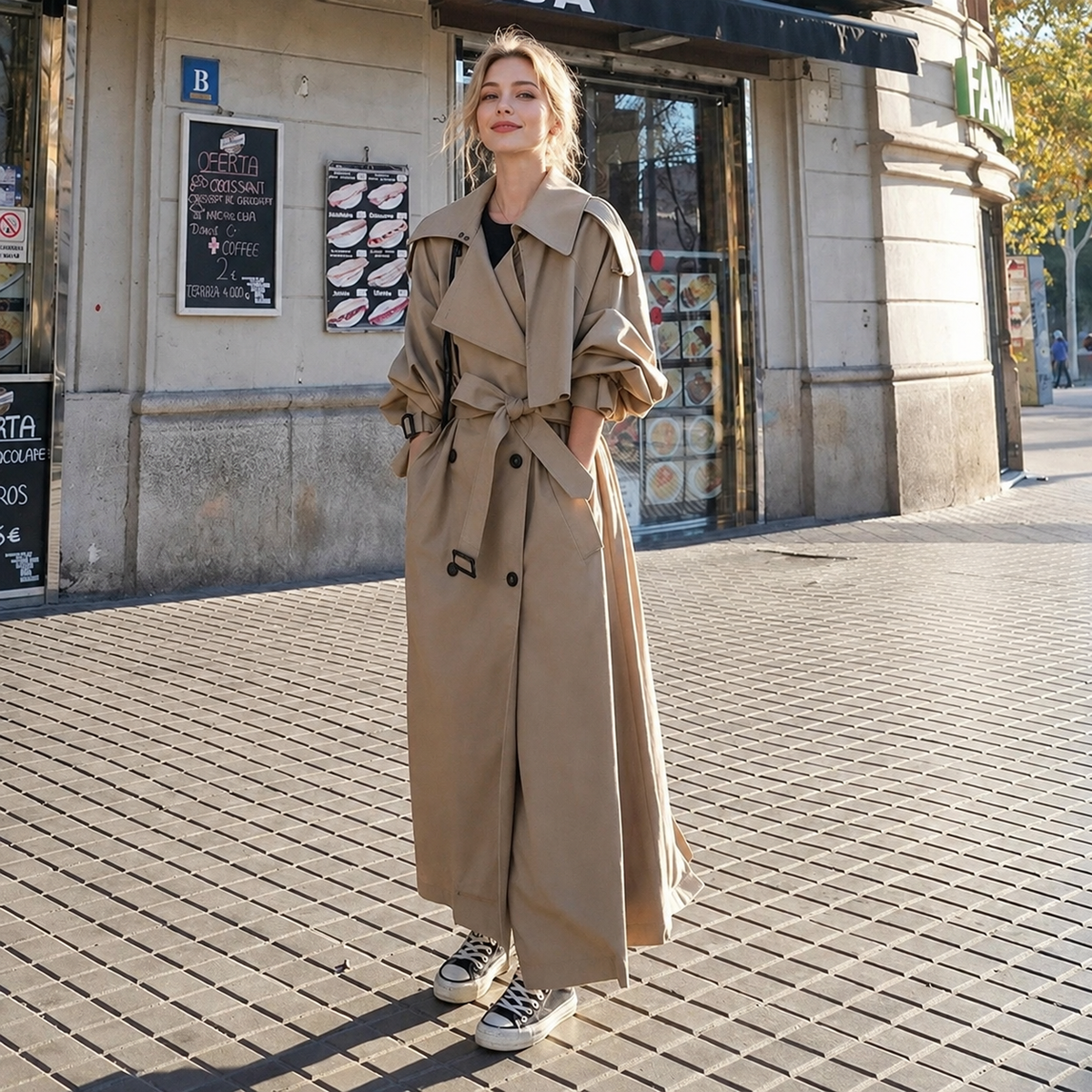 Trench coat maxi femme double boutonnage avec ceinture col rabattu coupe oversize