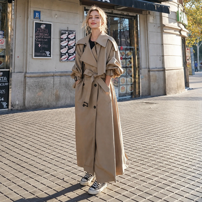 Trench coat maxi femme double boutonnage avec ceinture col rabattu coupe oversize