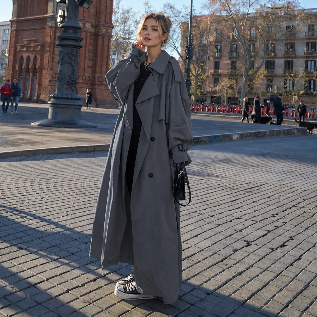 Trench coat maxi femme double boutonnage avec ceinture col rabattu coupe oversize