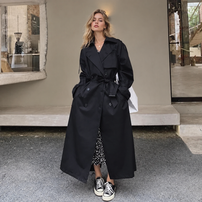 Trench coat maxi femme double boutonnage avec ceinture col rabattu coupe oversize