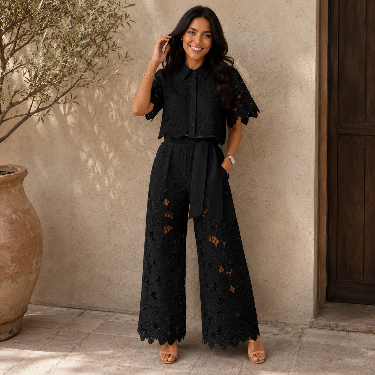 Ensemble deux pièces | Motif floral, manches ondulées | Confort