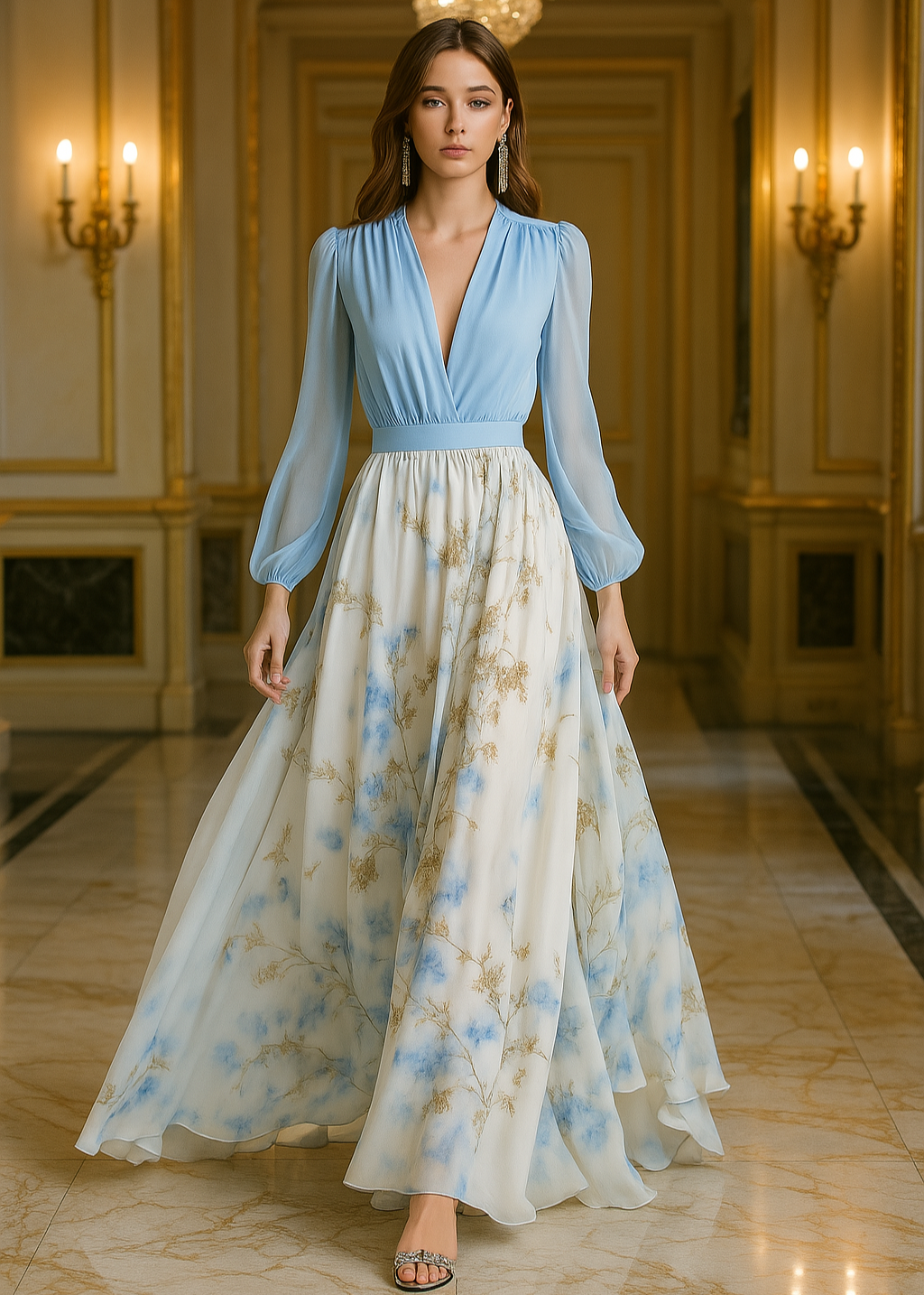 Robe de soirée maxi - décolleté en V - bas fleuri