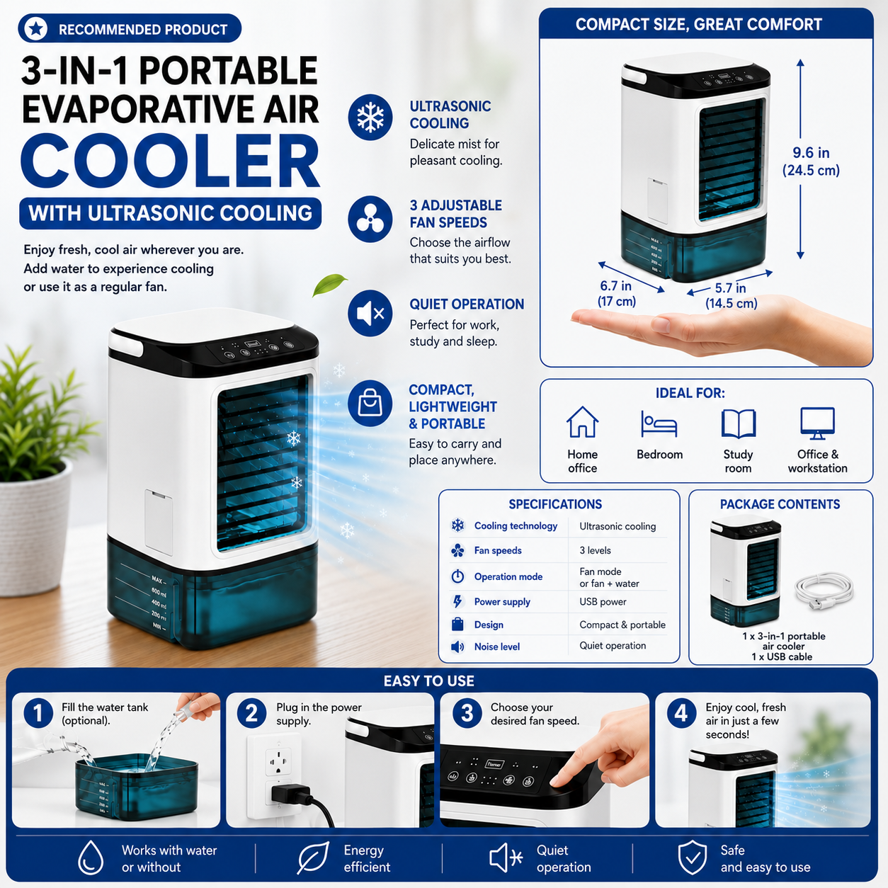 Quinn | Climatiseur portable 3 vitesses avec refroidissement ultrasonique
