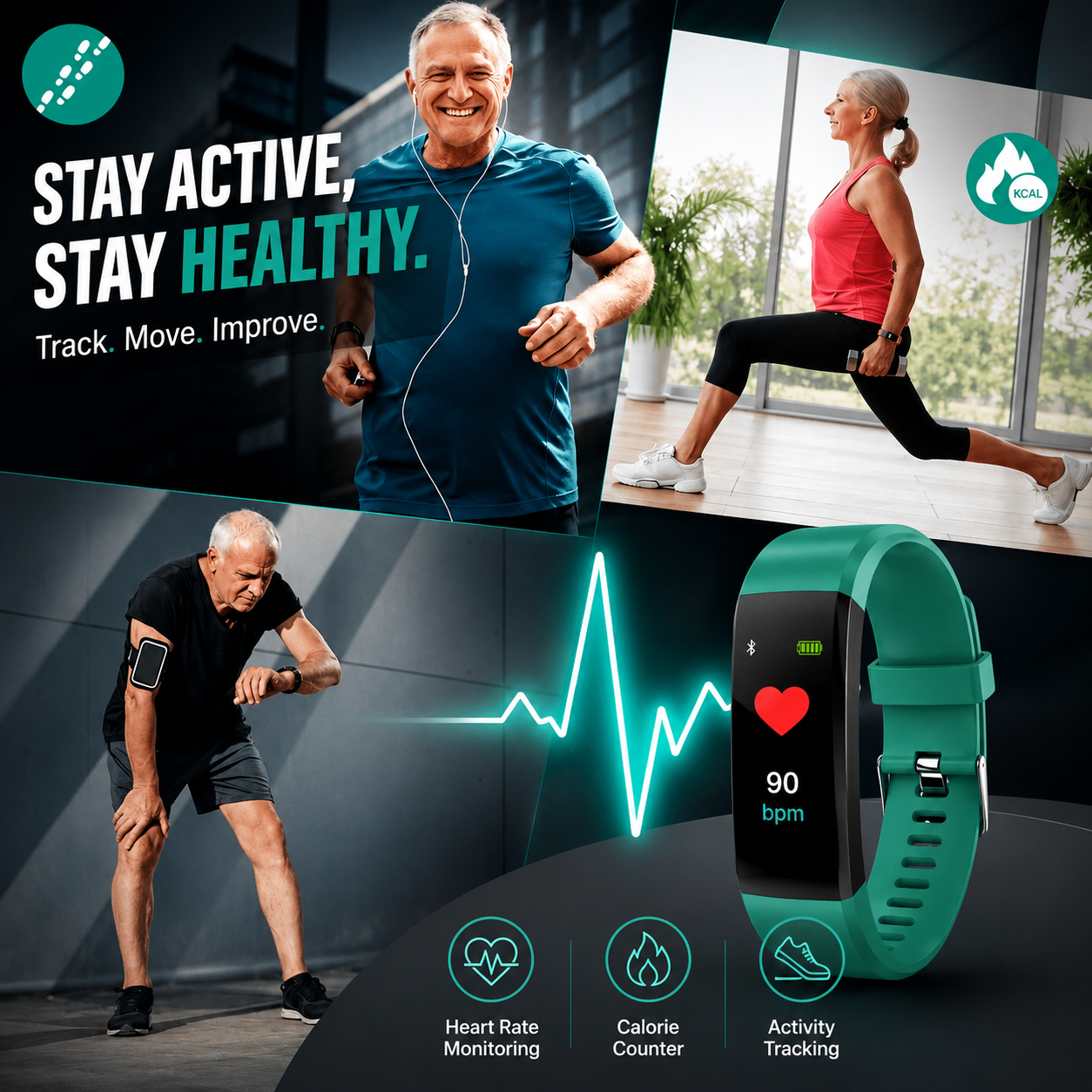 Montre intelligente pour seniors avec fonctions de santé | Montre de suivi fitness avec grand écran | HerzWacht