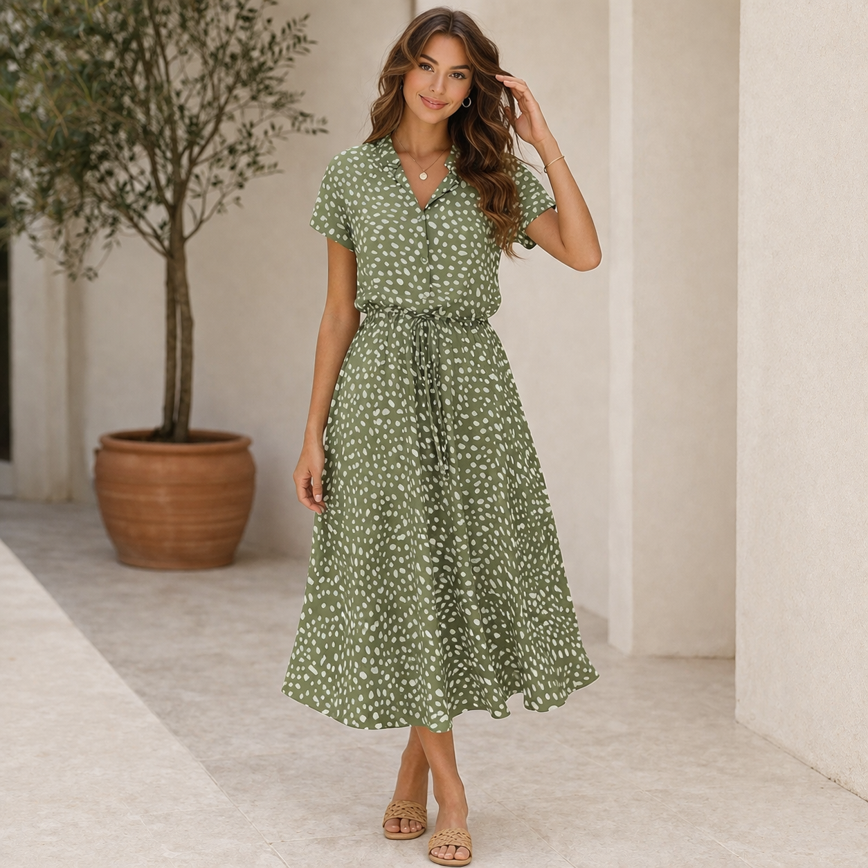 Robe à pois style midi manches courtes tendance