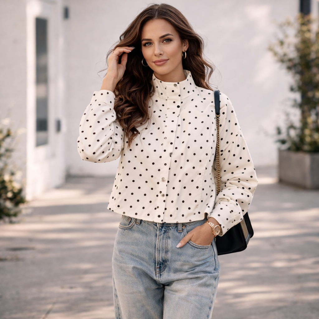 Veste Courte Femme | Design Pois Moderne, Col Haut