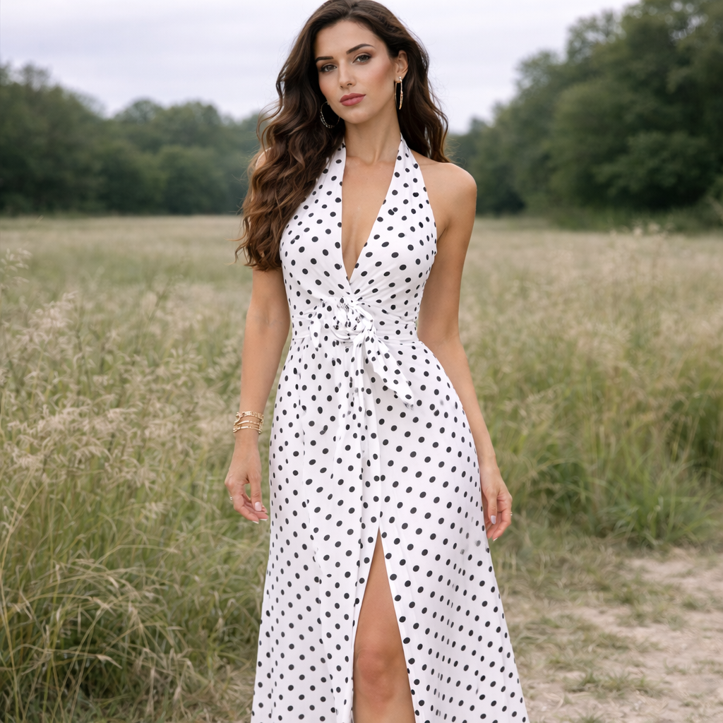 Robe à Pois Design Féminin Longueur Longue