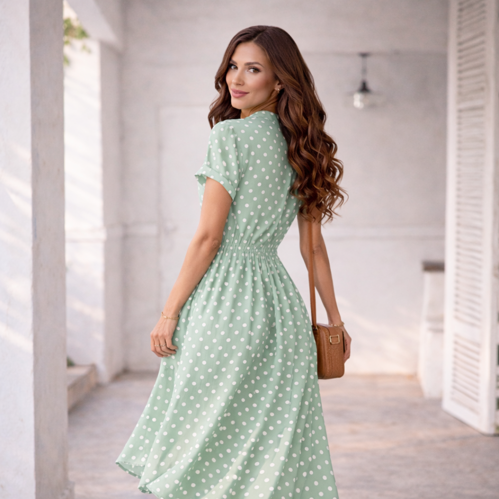 Robe à Pois | Robe Midi Casual avec Dentelle et Boutons