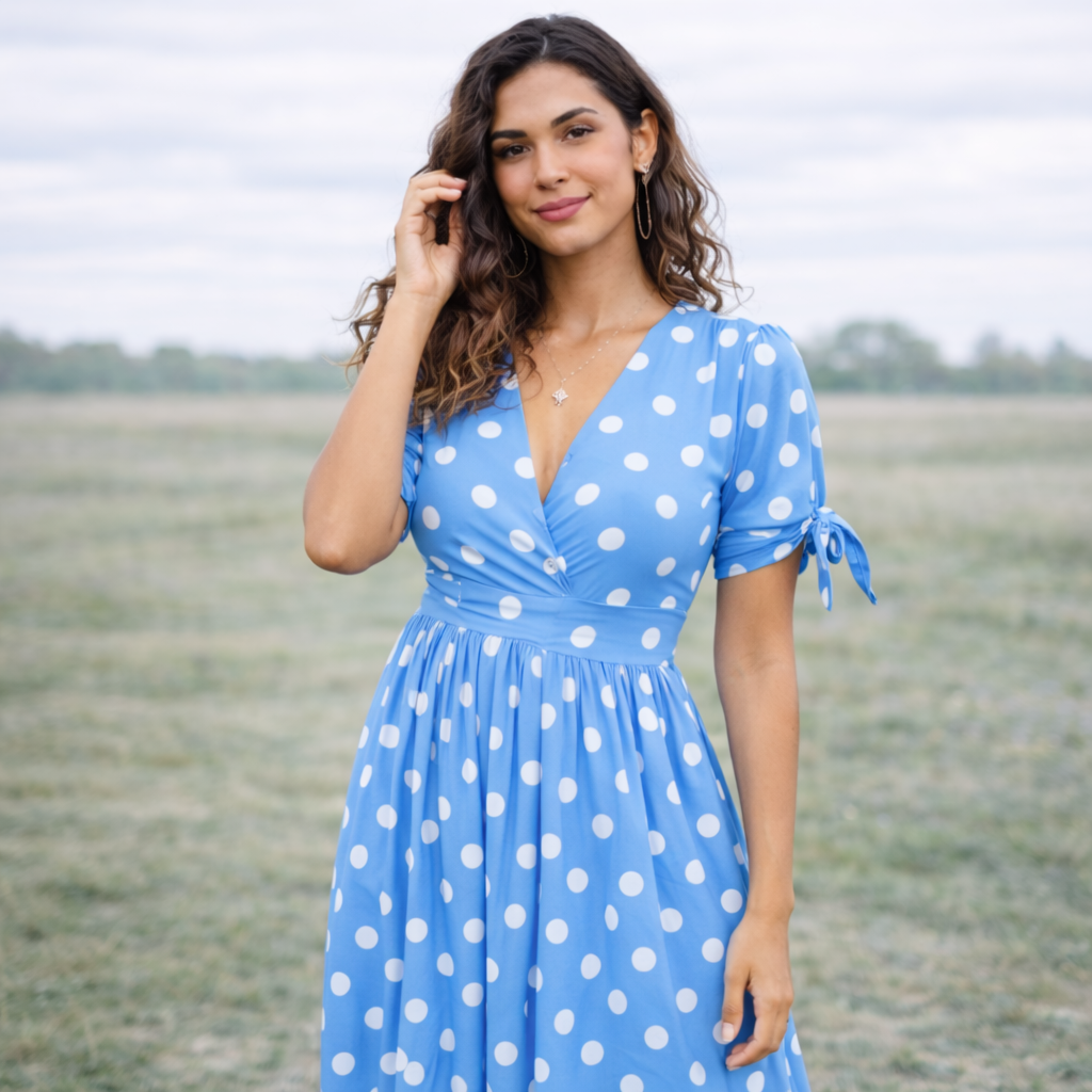 Robe à Pois | Femme, Encolure en V | Style Boutons