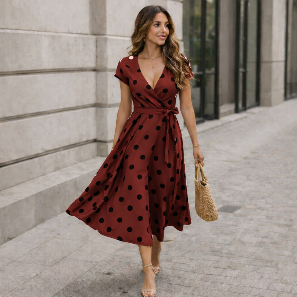 Robe Midi Femme Pois Lien Taille Style Fluide Décontracté