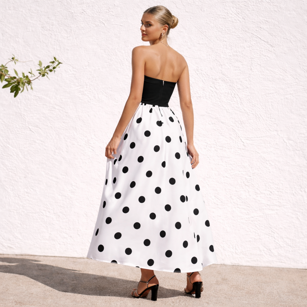 Robe sans bretelles | Robe trapèze pour femme, pois | Style élégant d'été