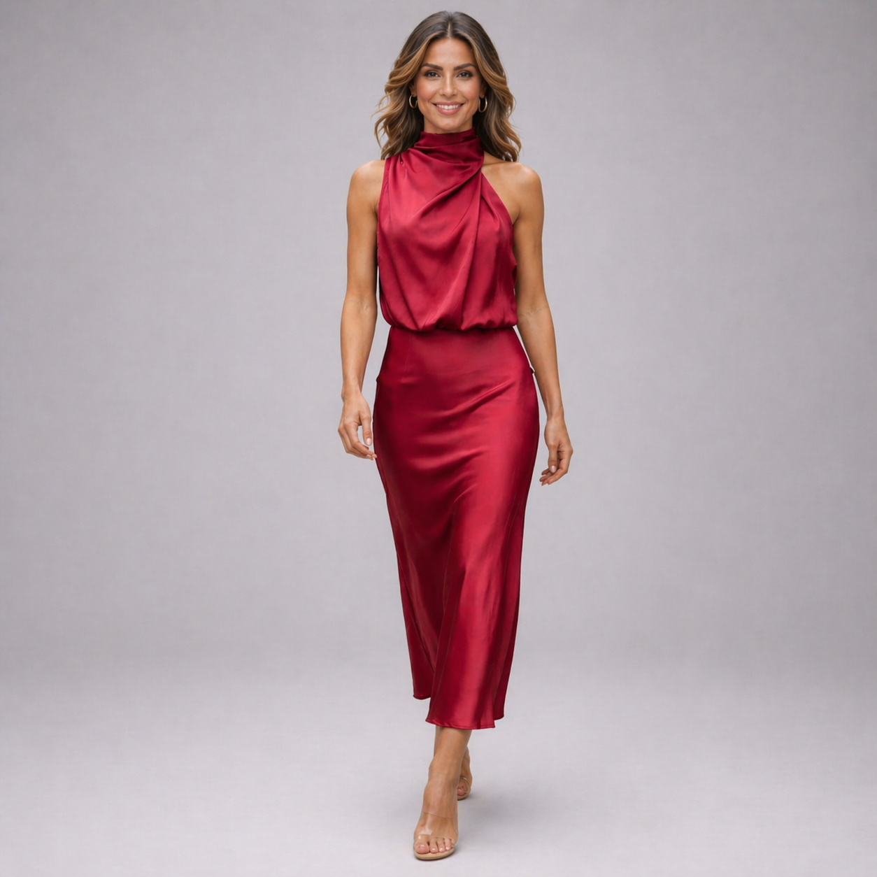 Midi Satin Dress Women | Halter Neckline, Draped Front