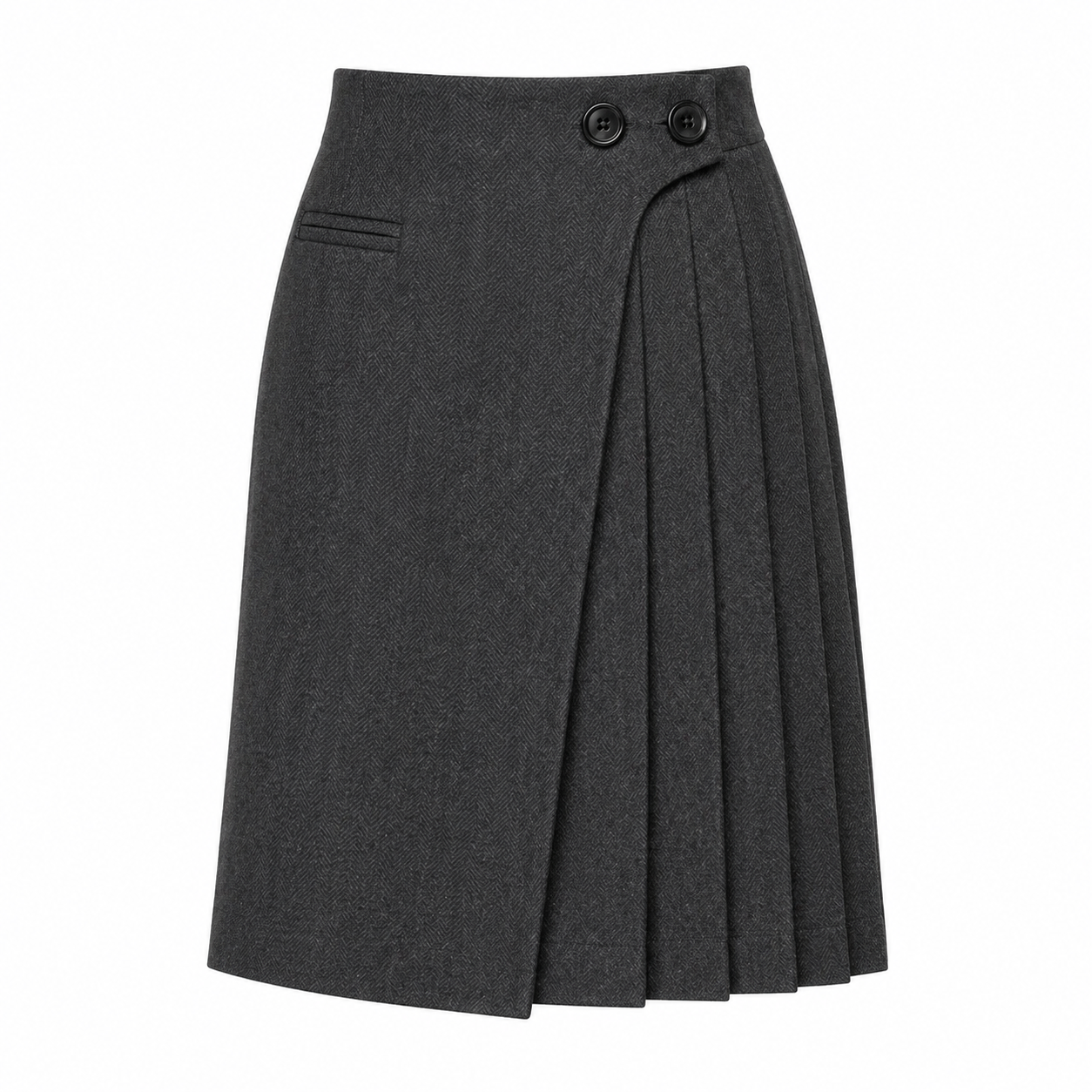 Jupe Midi | Taille Haute Look Laine, Détails Boutons