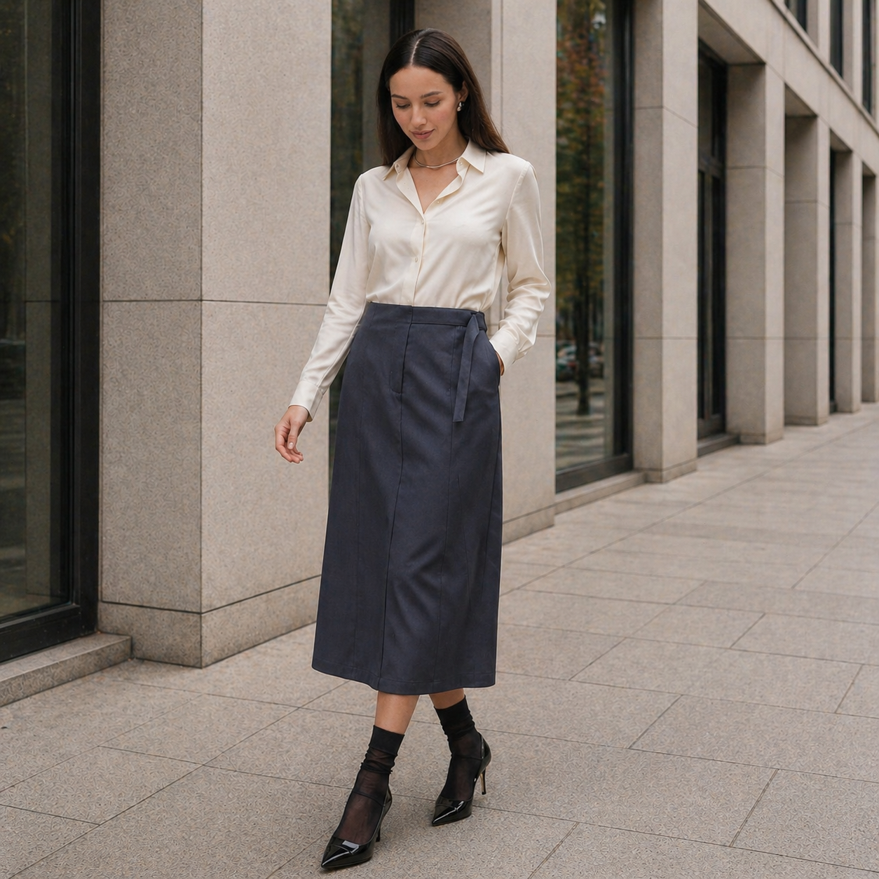 Jupe Midi Femme | Taille Ajustable | Gris Foncé