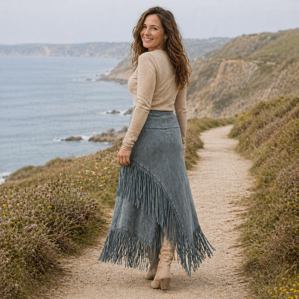 Jupe Maxi Trapèze Franges | Gris | Élégance Bohème
