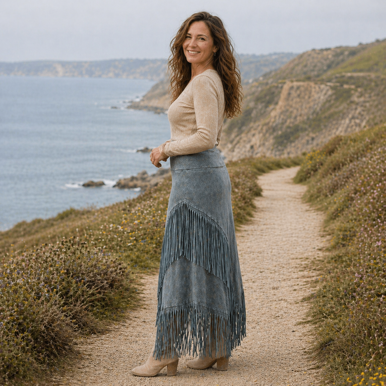 Jupe Maxi Trapèze Franges | Gris | Élégance Bohème