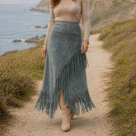 Jupe Maxi Trapèze Franges Gris Élégance Bohème