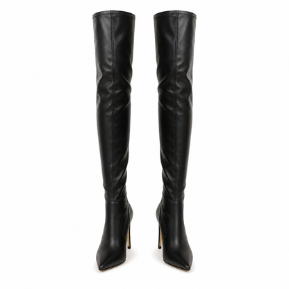 Mara - Black Overknee Boots with Gold Heel