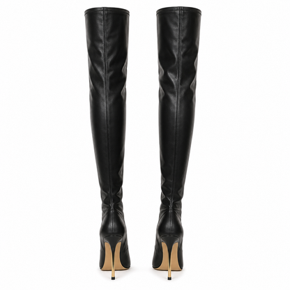 Mara - Black Overknee Boots with Gold Heel