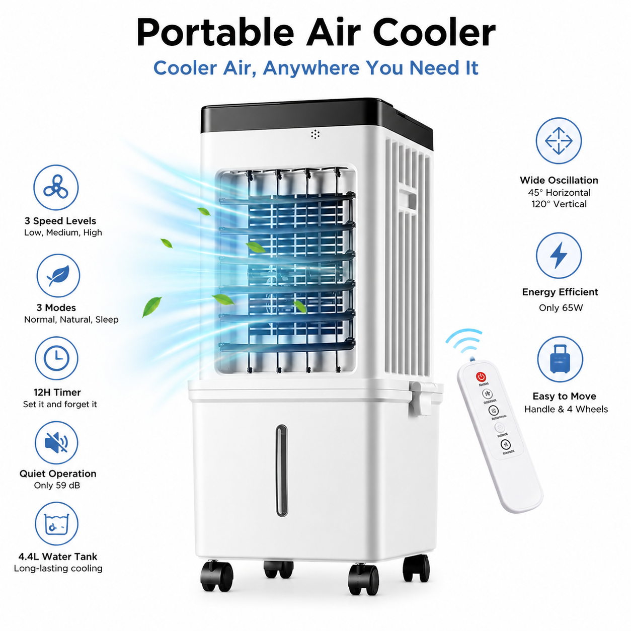 Climatiseur portable | Refroidisseur par évaporation, 3 vitesses | Télécommande, minuteur 12 h