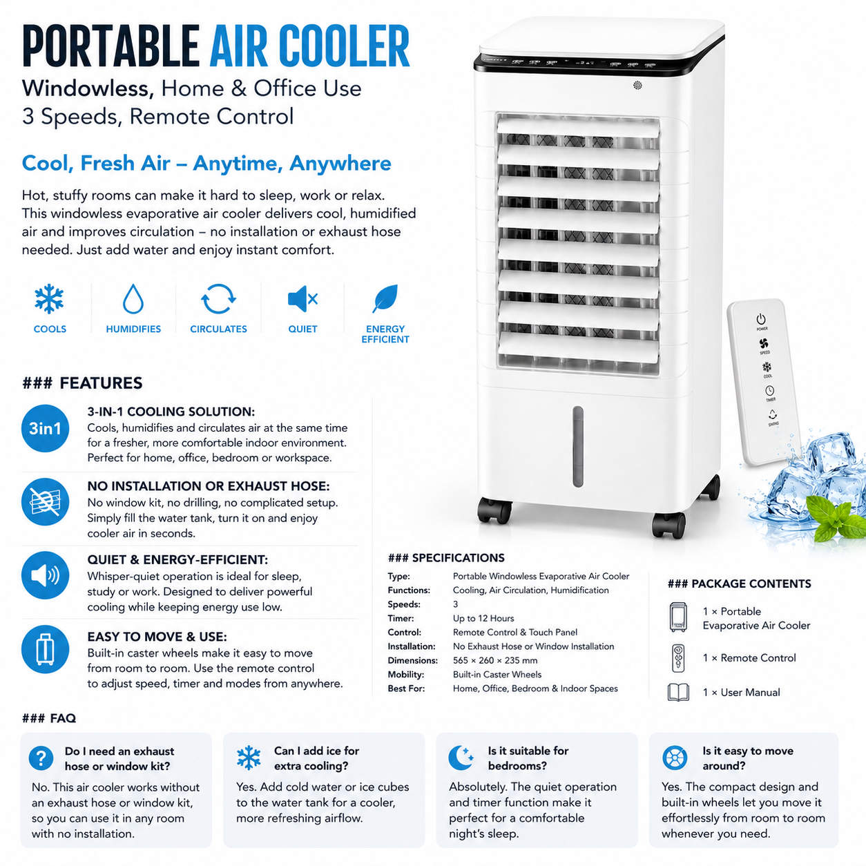 Climatiseur portable | Refroidisseur d'air mobile, 4-en-1 | Télécommande, 3 vitesses
