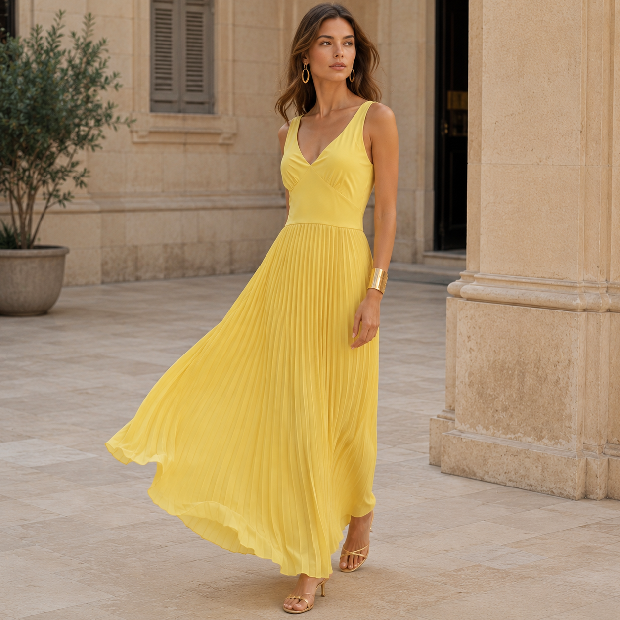 Maxi Evening Dress - A-Line Pleated - V-Neck - Elegant