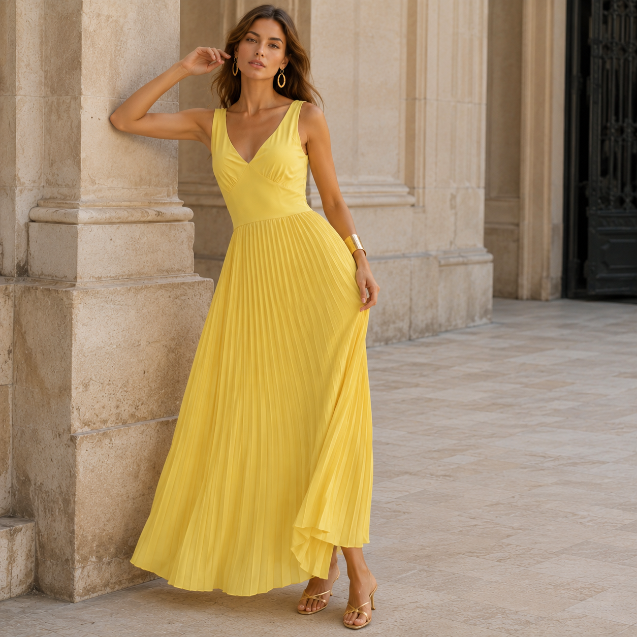 Maxi Evening Dress - A-Line Pleated - V-Neck - Elegant
