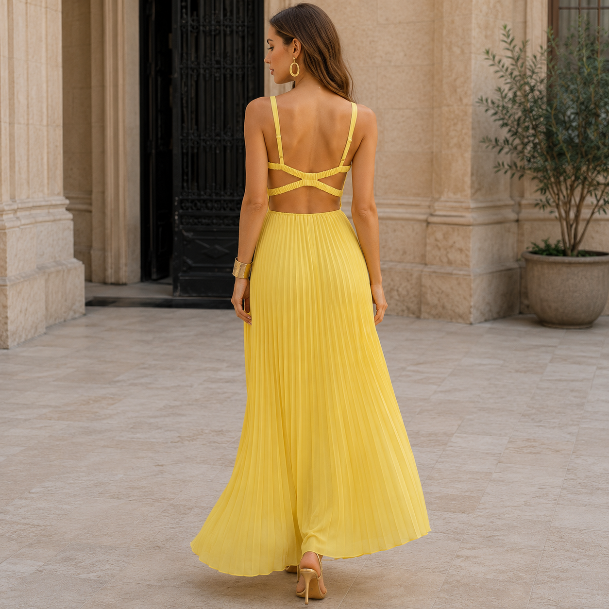 Maxi Evening Dress - A-Line Pleated - V-Neck - Elegant