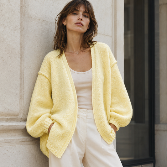 Cardigan Femme Oversized Tricot Doux Manches Bouffantes