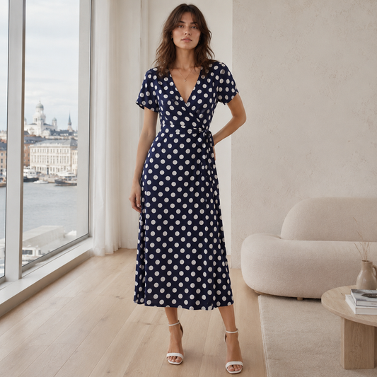 Robe à Pois | Robe Midi Casual avec Dentelle et Boutons