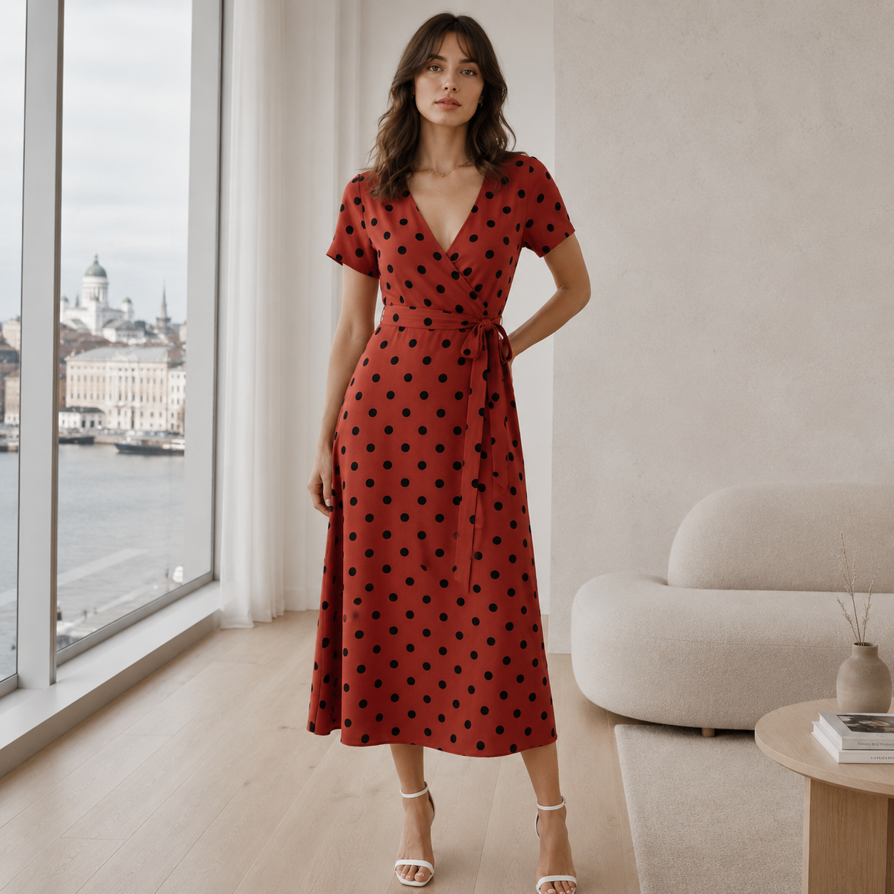 Robe à Pois | Robe Midi Casual avec Dentelle et Boutons
