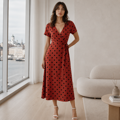 Robe à Pois | Robe Midi Casual avec Dentelle et Boutons