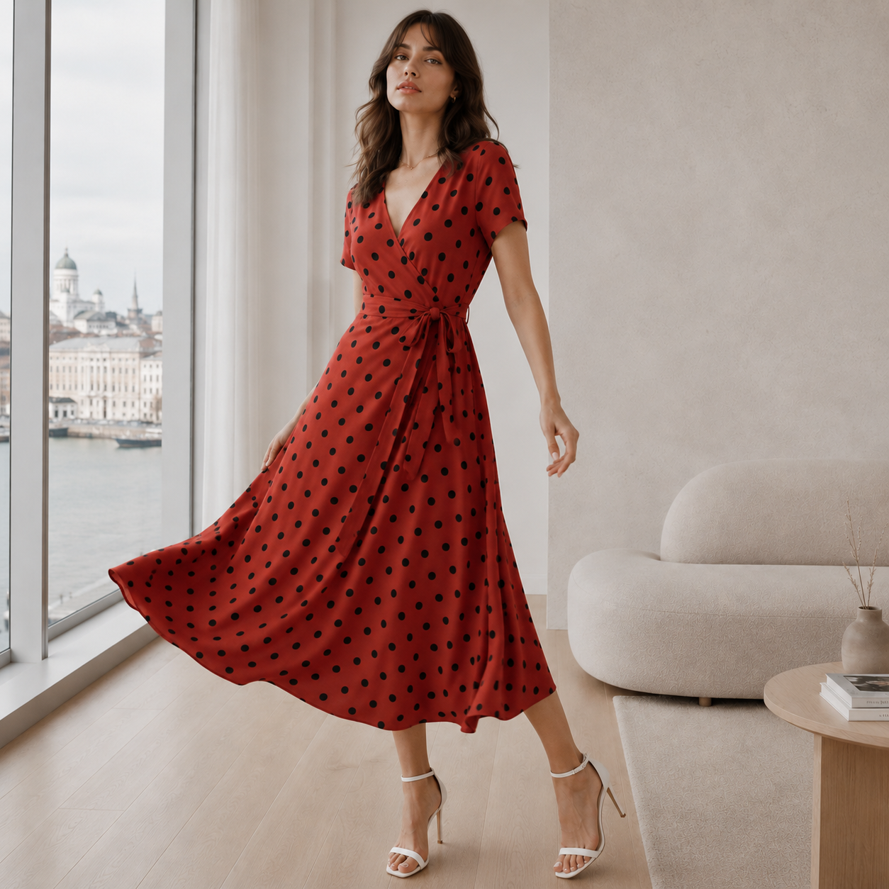 Robe à Pois | Robe Midi Casual avec Dentelle et Boutons