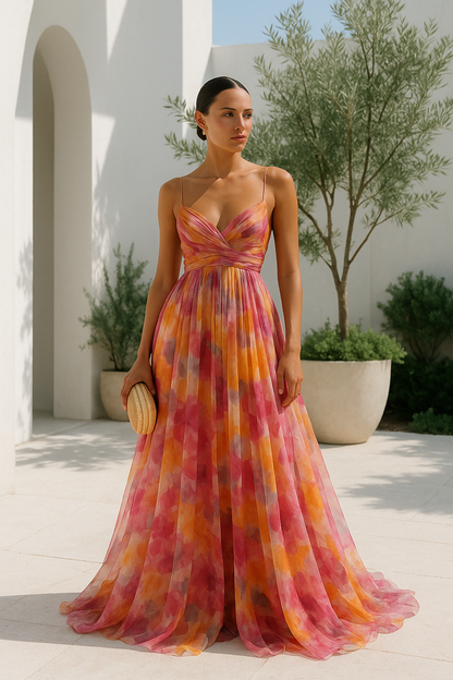 Robe de soirée maxi motif floral dos nu cintrée – Flora