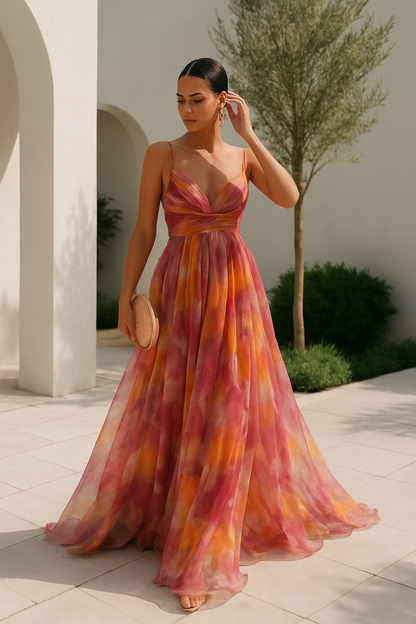 Robe de soirée maxi motif floral dos nu cintrée – Flora