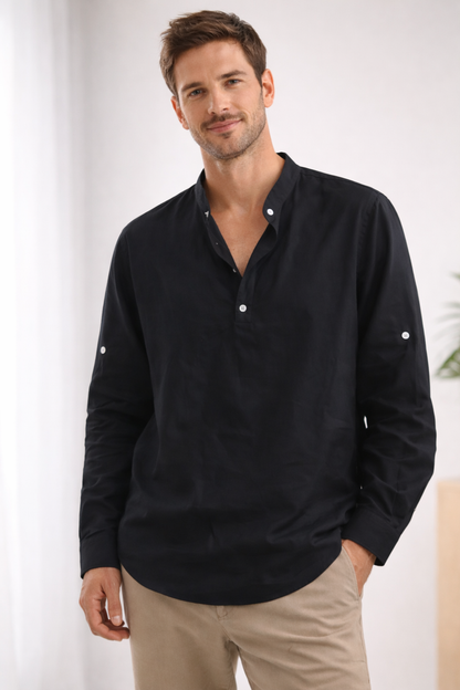 Chemise Homme Manches Longues | Coupe Ample, Col Montant