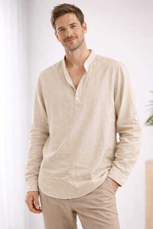 Chemise Homme Manches Longues | Coupe Ample, Col Montant