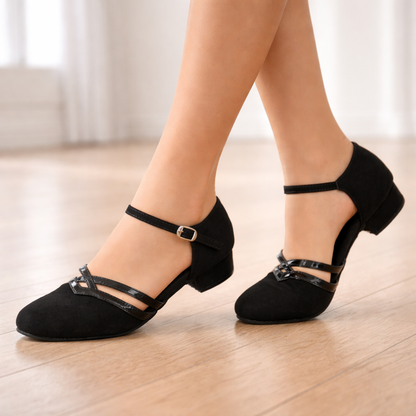 Chaussures de Danse Femme | Noir Suède, Lanière Cheville | Semelle Plate