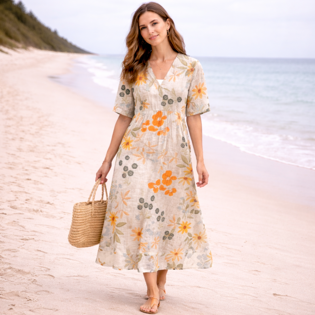 Robe Midi Fleurie Femme | Encolure V | Style Plage Décontracté