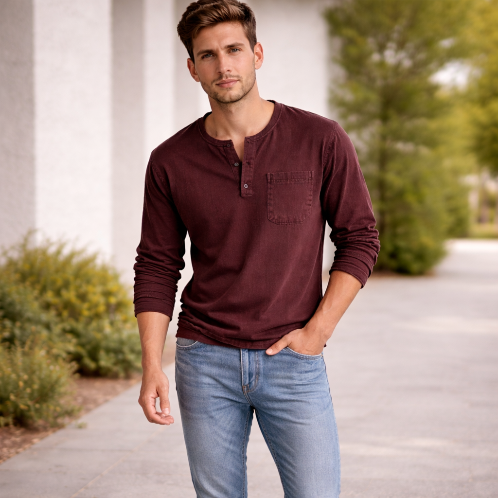Chemise Henley Homme | Manches Longues Coton | Style Décontracté