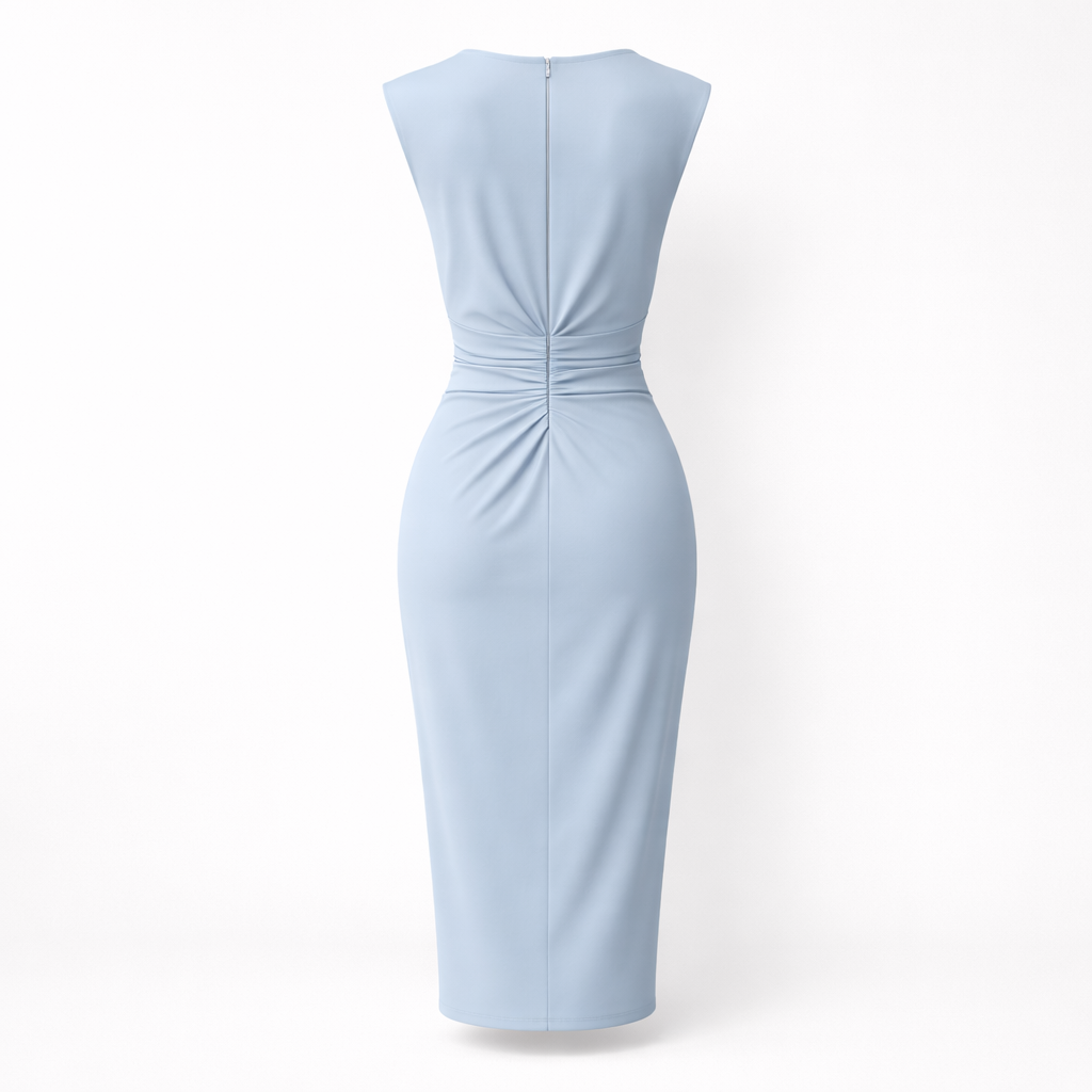 Robe Midi Femme | Encolure Clé, Taille Froncée | Soirée Élégante