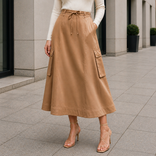 Jupe Midi Femme Taille Haute Ajustable Style Utilitaire