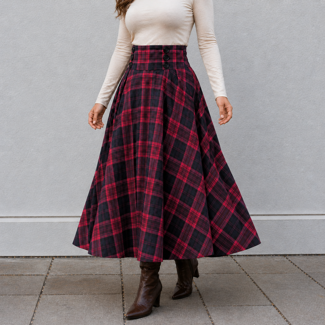 Jupe Maxi Taille Haute Design Carreaux A-Line