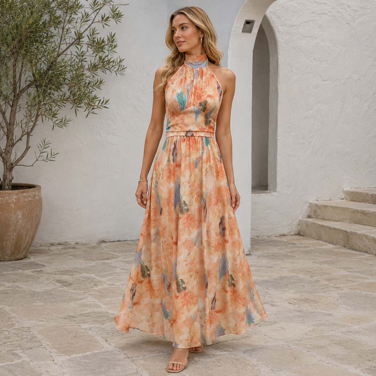 Robe maxi halter - taille cintrée - bas fluide