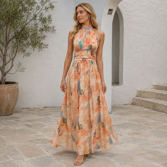 Robe maxi halter - taille cintrée - bas fluide