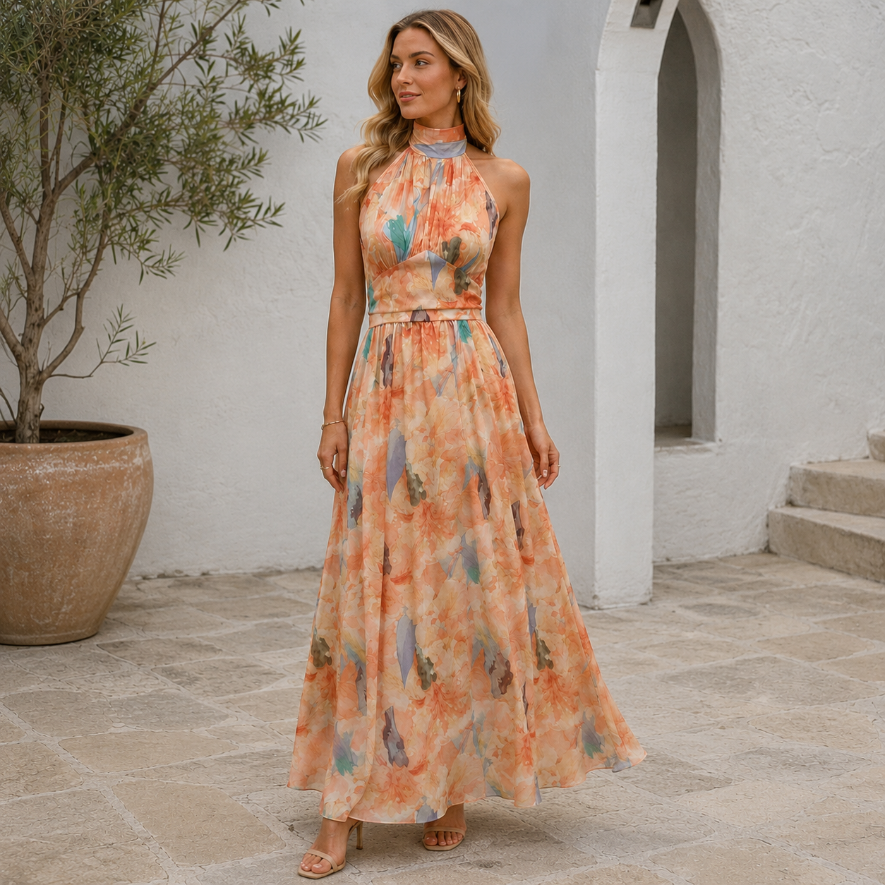 Robe maxi halter - taille cintrée - bas fluide