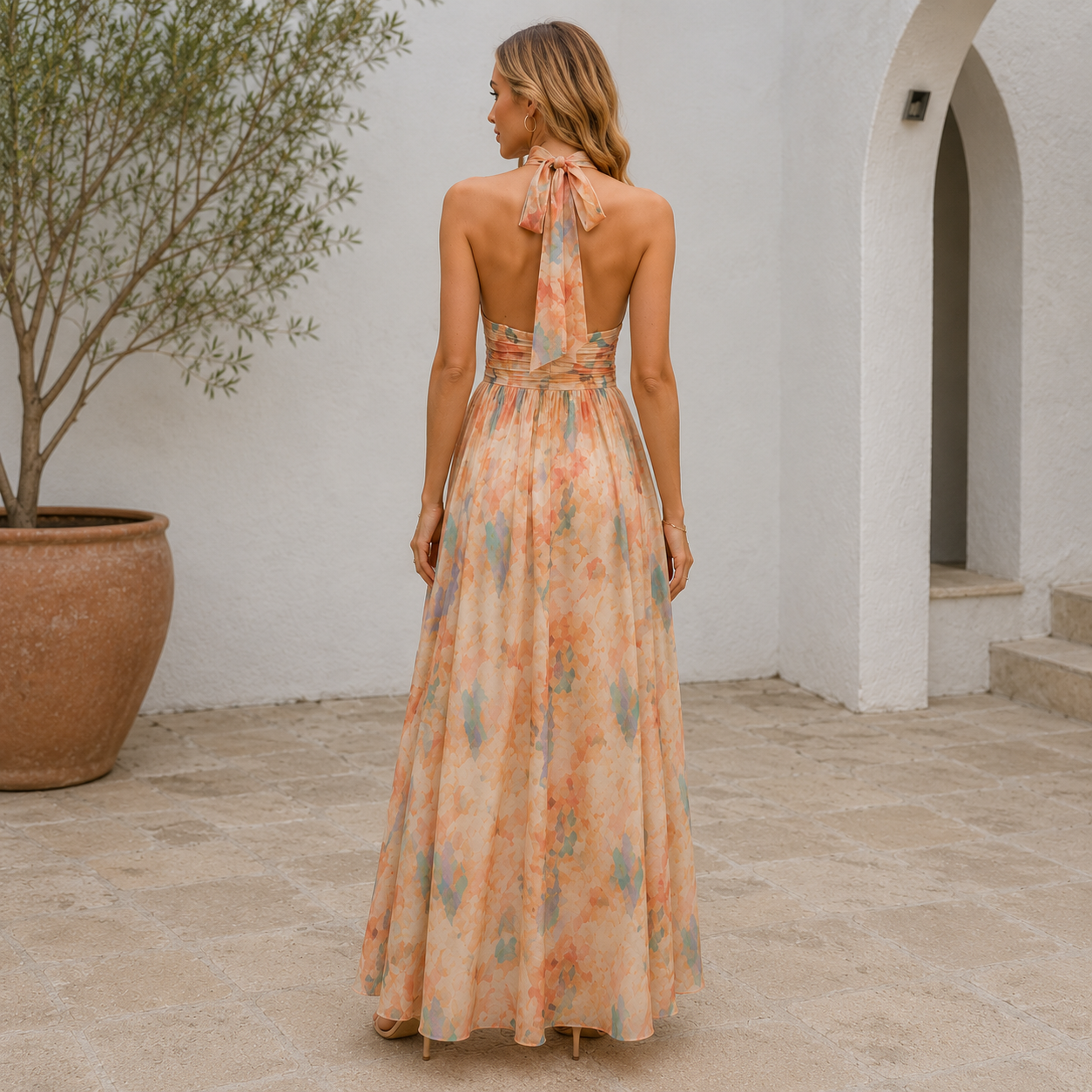 Robe maxi halter - taille cintrée - bas fluide